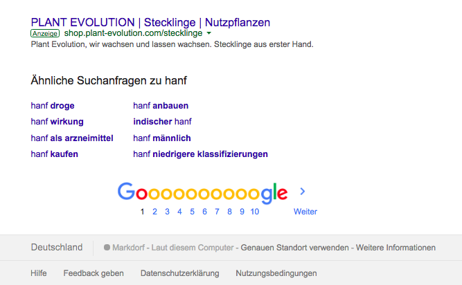 Google Ads für den Suchbegriff Hanf