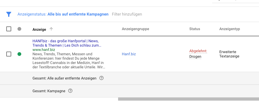 Google lehnt Anzeigen zum Thema Hanf ab