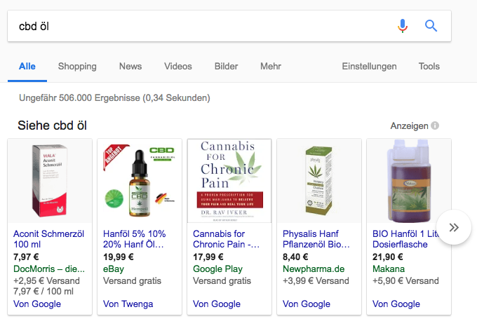 Google Shopping Integration auf der ersten Suchseite zu CBD Öl